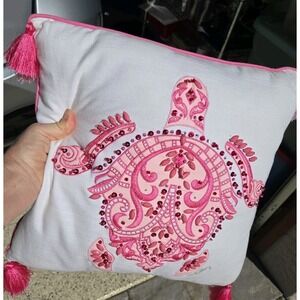 Pottery Barn Kids X Lilly Pulitzer Pillow Pink Turtle White W/ Tassles Beads